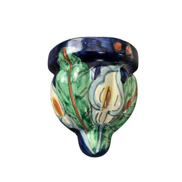 Talevera Hanging Wall Pocket Mexican Pottery Calla Lily Flowers & Cobalt Blue - Picture 1 of 5